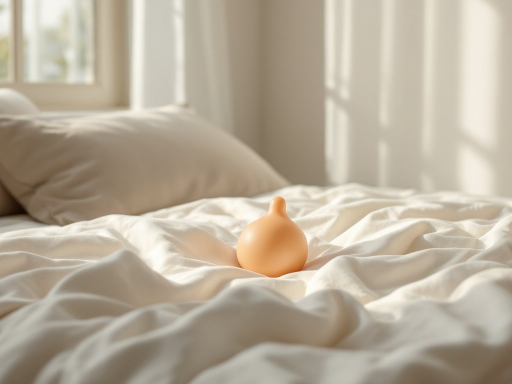 BEISAR enema bulb toy displayed on white bedding in a bright, clean bedroom setting with natural light