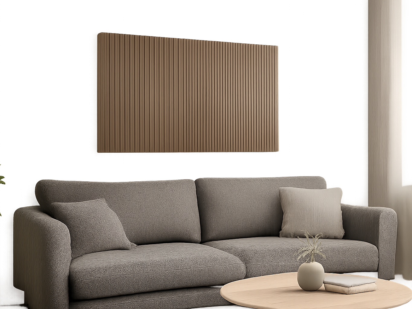 Wood slat wall panels installed on living room accent wall above sofa in modern home interior