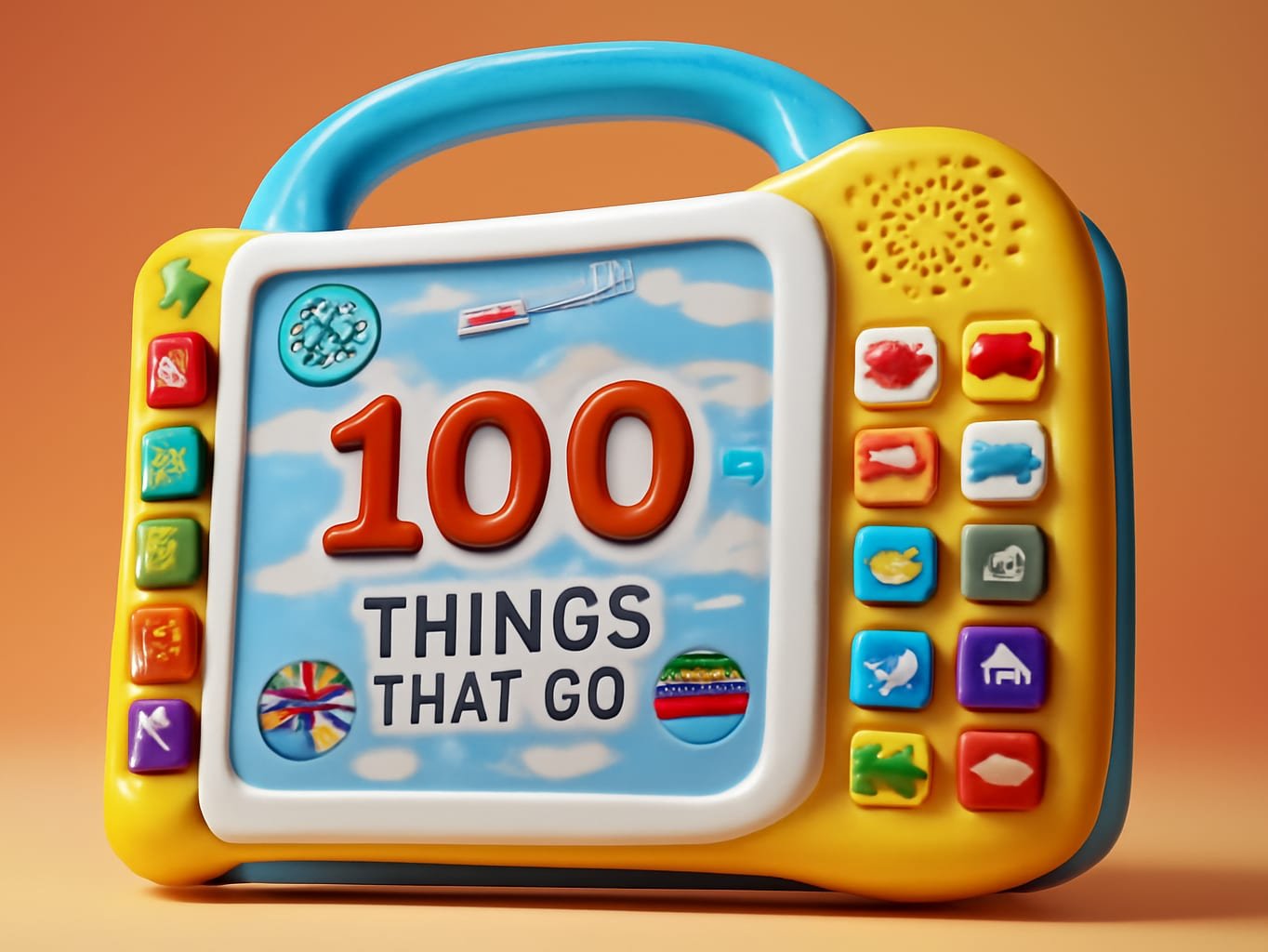 LeapFrog 100 Things that Go with illuminated transportation buttons in sharp macro focus, soft studio lighting