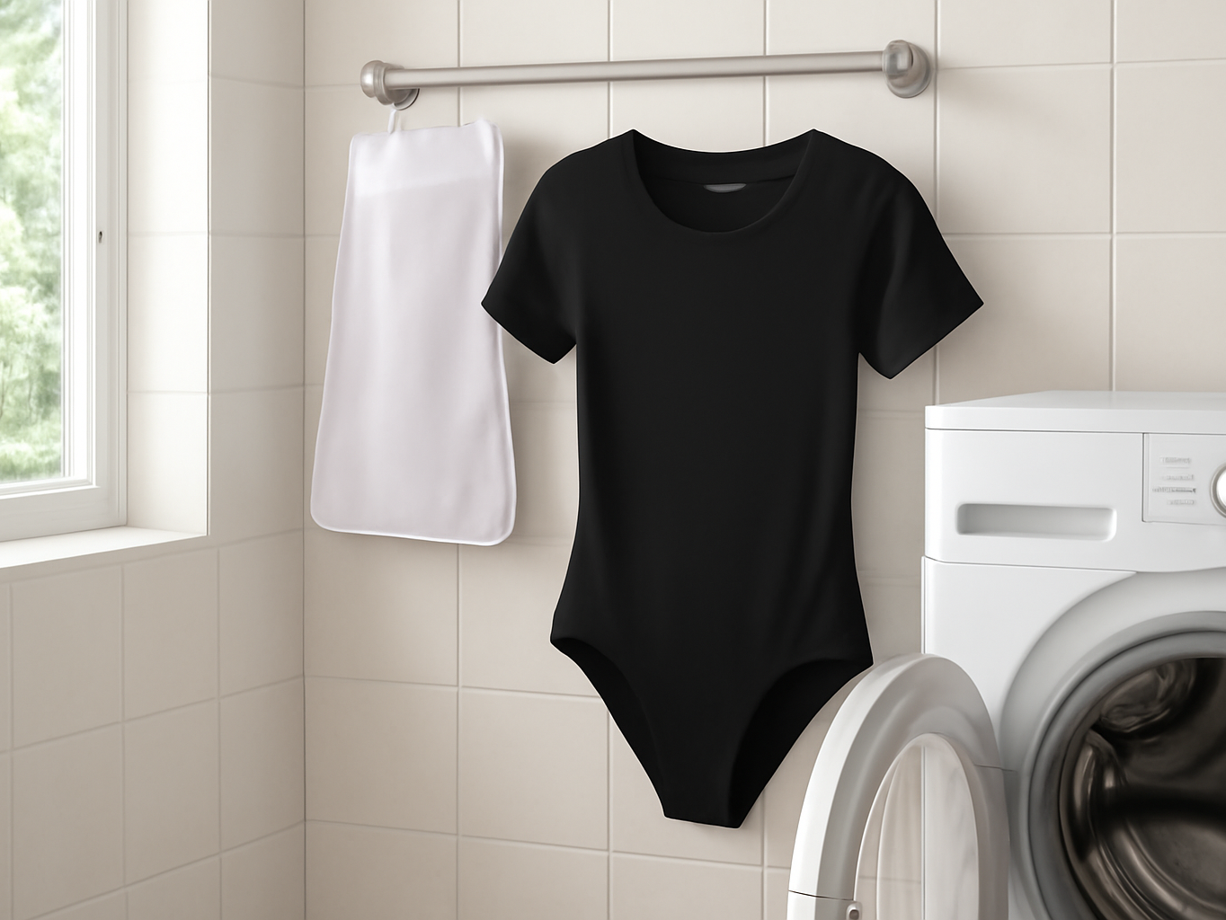 MANGOPOP bodysuits hanging on towel rack in a bathroom next to laundry supplies