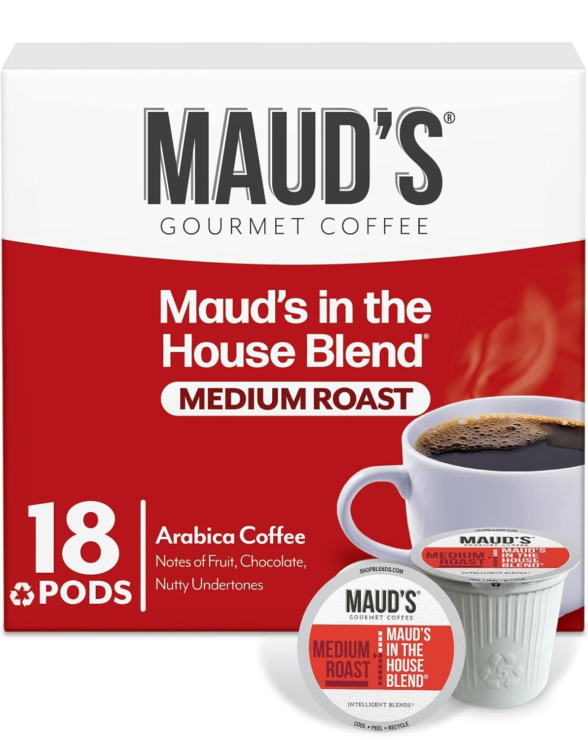 Maud's Medium Roast Coffee Pods, 18ct: Person dropping a Maud's medium roast coffee pod into a single-serve brewer on a