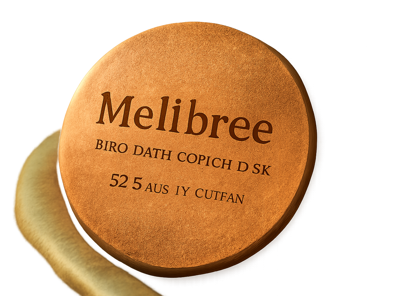 Mellbree copper disk in extreme close-up on green bird bath edge, metallic surface detail visible