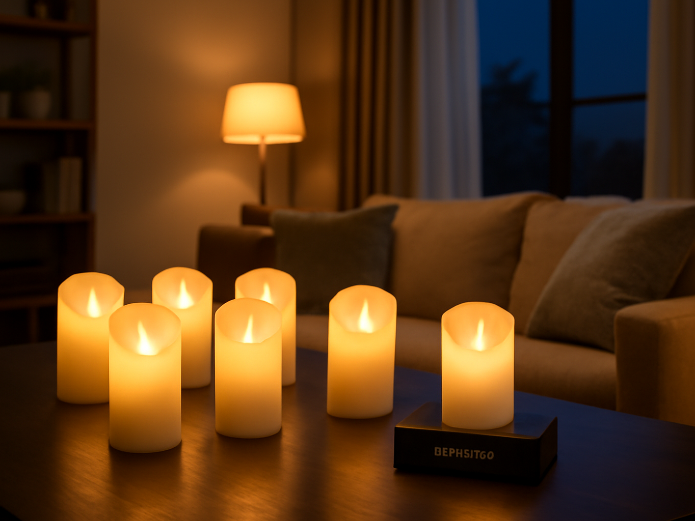 Six NVJGROP LED votive candles glowing on a dining table in a warmly lit living room setting