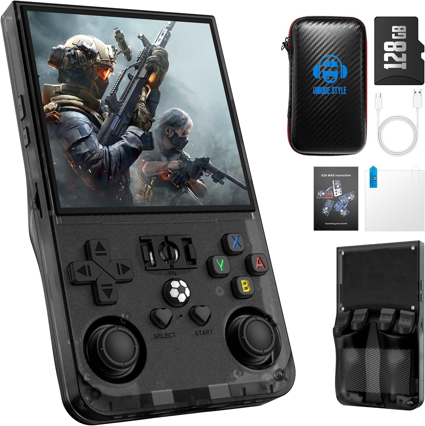R40SMAX handheld console and black carrying case on a sunlit desk with gaming books and notebook nearby